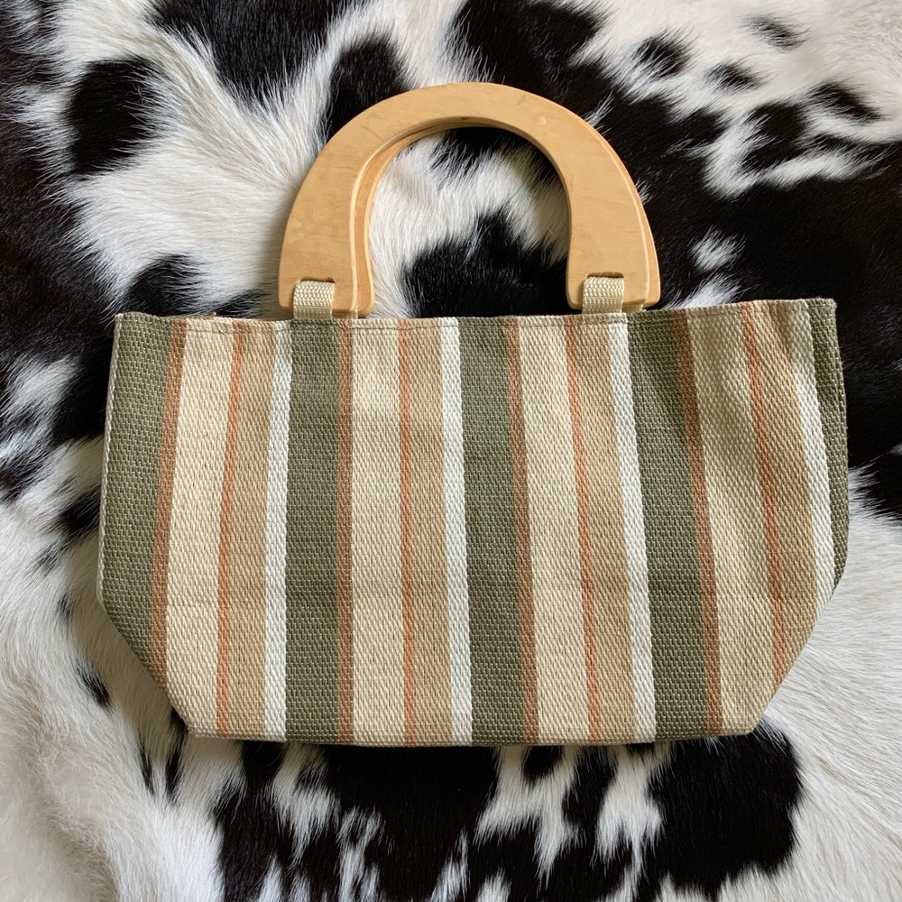 Sage & Coral Striped Handbag with Wooden Handles